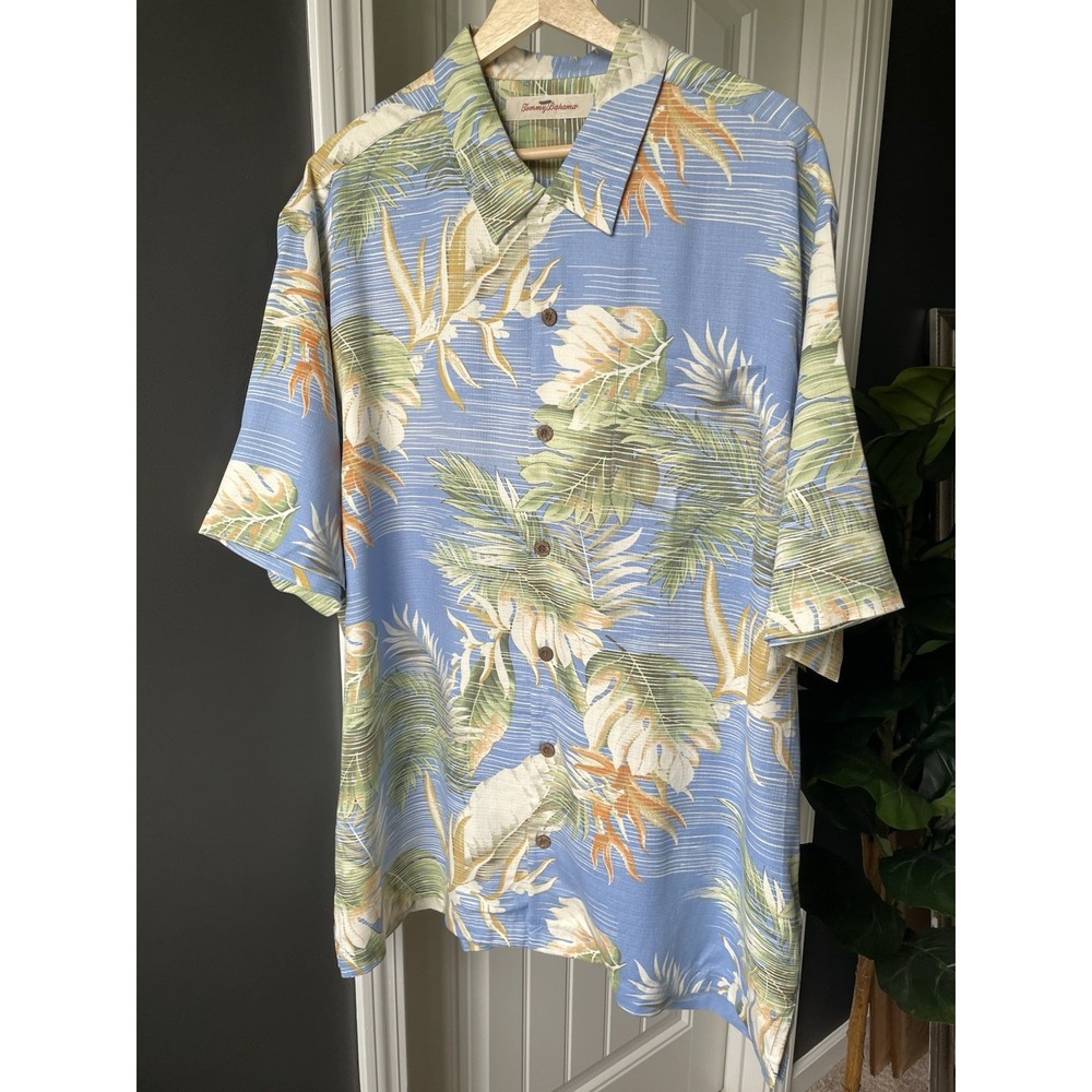 Tommy Bahama 100% Silk Hawaiian Shirt Men's XL Blue Striped Tropical Camp *flaw